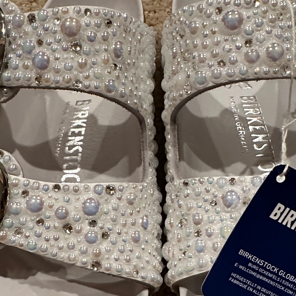 Birkenstock Customized Wedding Sandals in White with Pearl Accents - Picture 2 of 11
